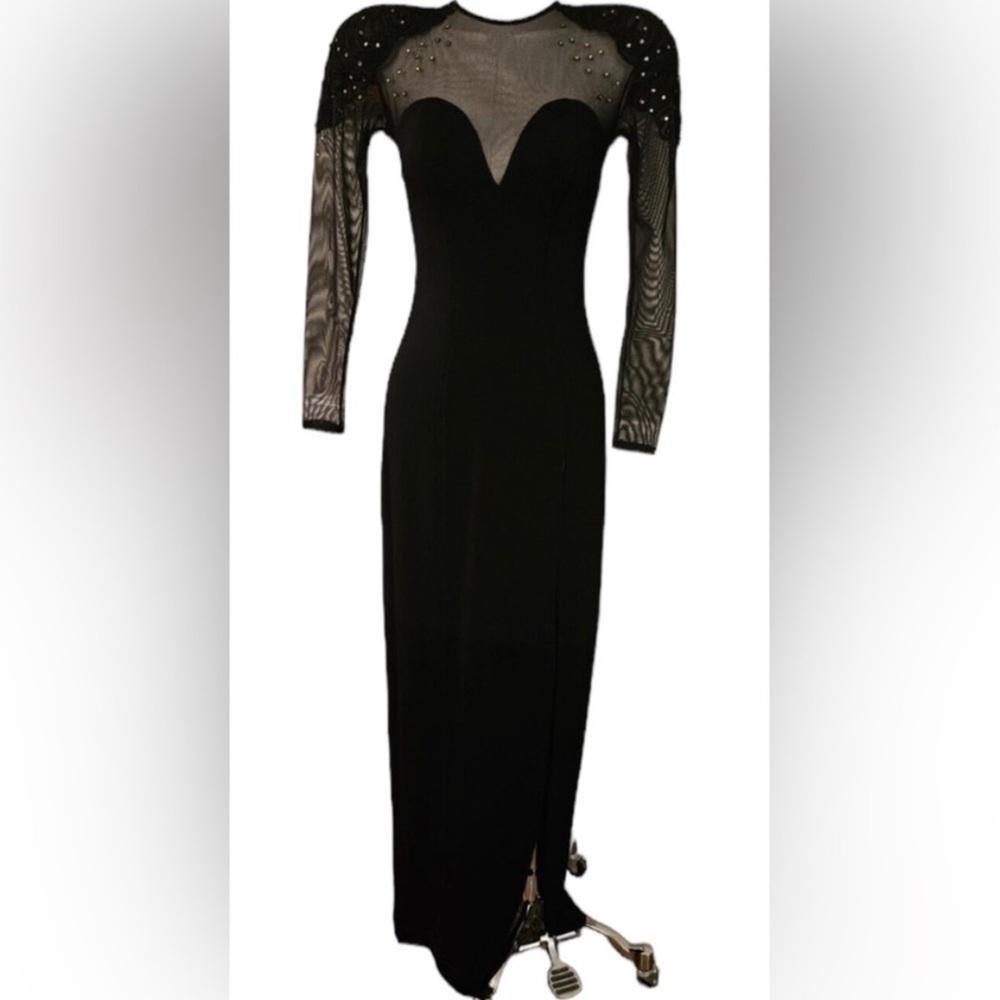 Tadashi Soji Vintage 80’s 90’s illusion sweetheart neckline black maxi dress